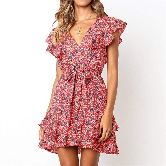 Dress Summer 2019 Women Floral Print Chiffon Beach Dress Boho Style Ruffles A-line Mini Sundress Elegant Party Dress Vestidos