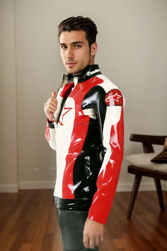 Men Latex Jacket Red Conventional Motorcycle 