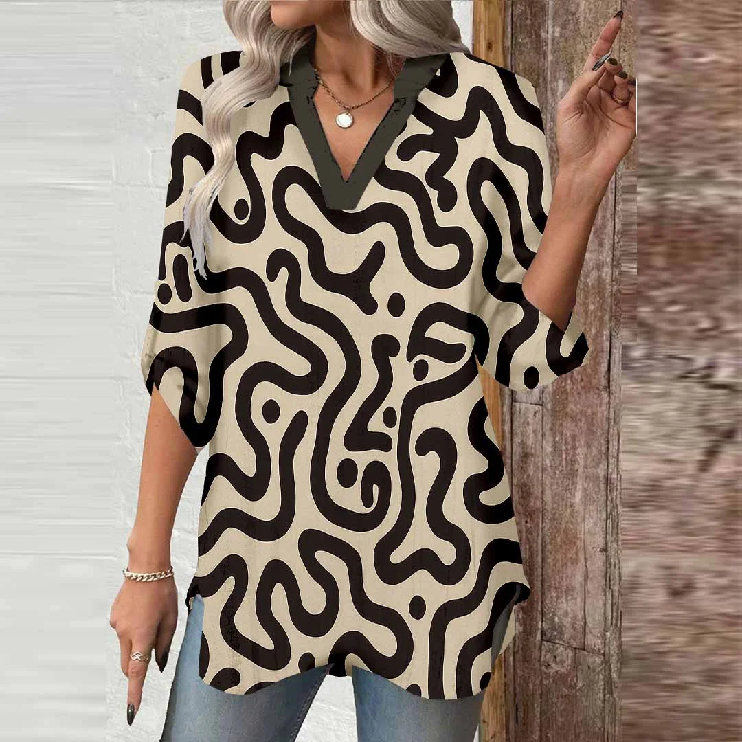 Women Abstract, White, Khaki DZGA0109 3/4 Sleeve V-neck Printed Graphic Button Tops