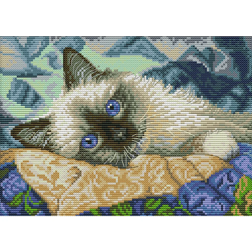 14CT Joy Sunday estampado punto de cruz ojos azules gato (30 * 21cm)