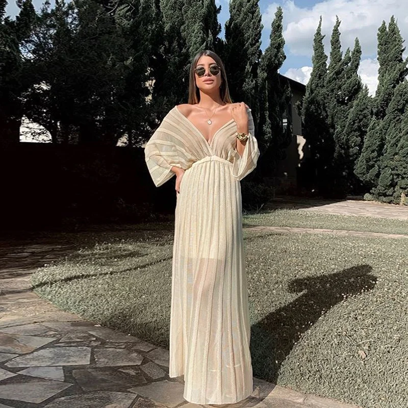 Uveng Uveng Summer New Women's Sexy Thin Dress V Collar Shawl Sleeve Hollow White Dress