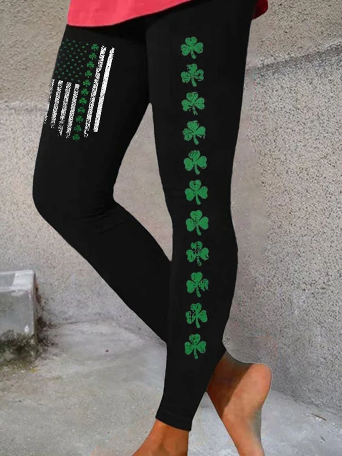 Retro St.Patrick's Day Flag Shamrock Print Leggings socialshop