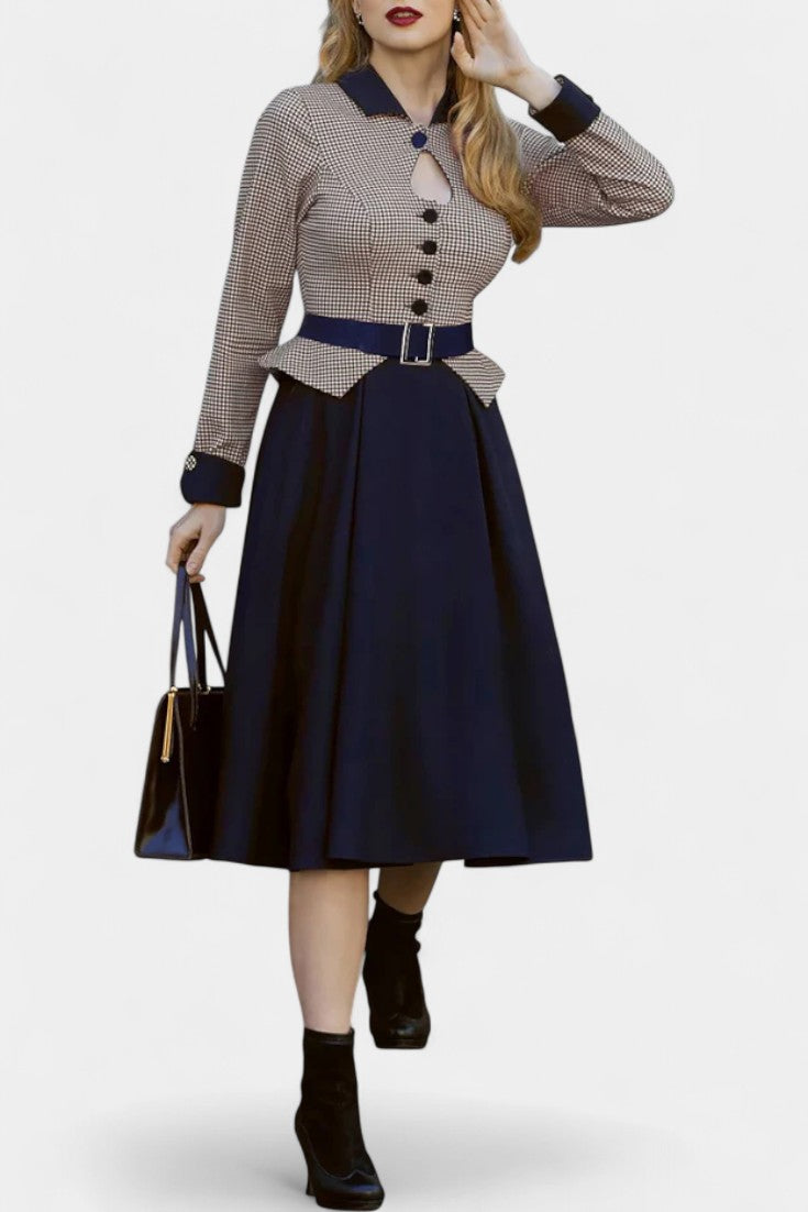 Vintage Houndstooth Keyhole Dress with Belted Skirt