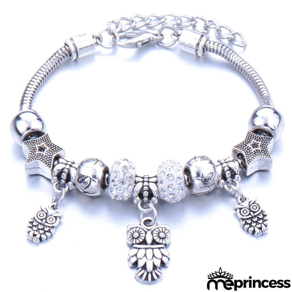 Women Fashion Rhinestone Butterfly Crown Pendant Beaded Bracelet