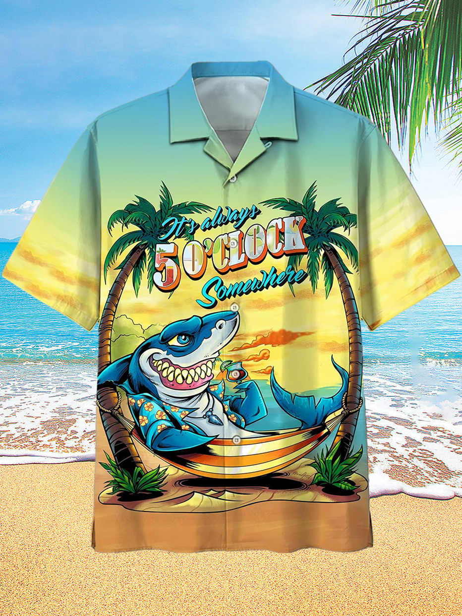 Hawaii Shark Party Print Resort Men's Short Sleeve Shirt PLUSCLOTHESMAN