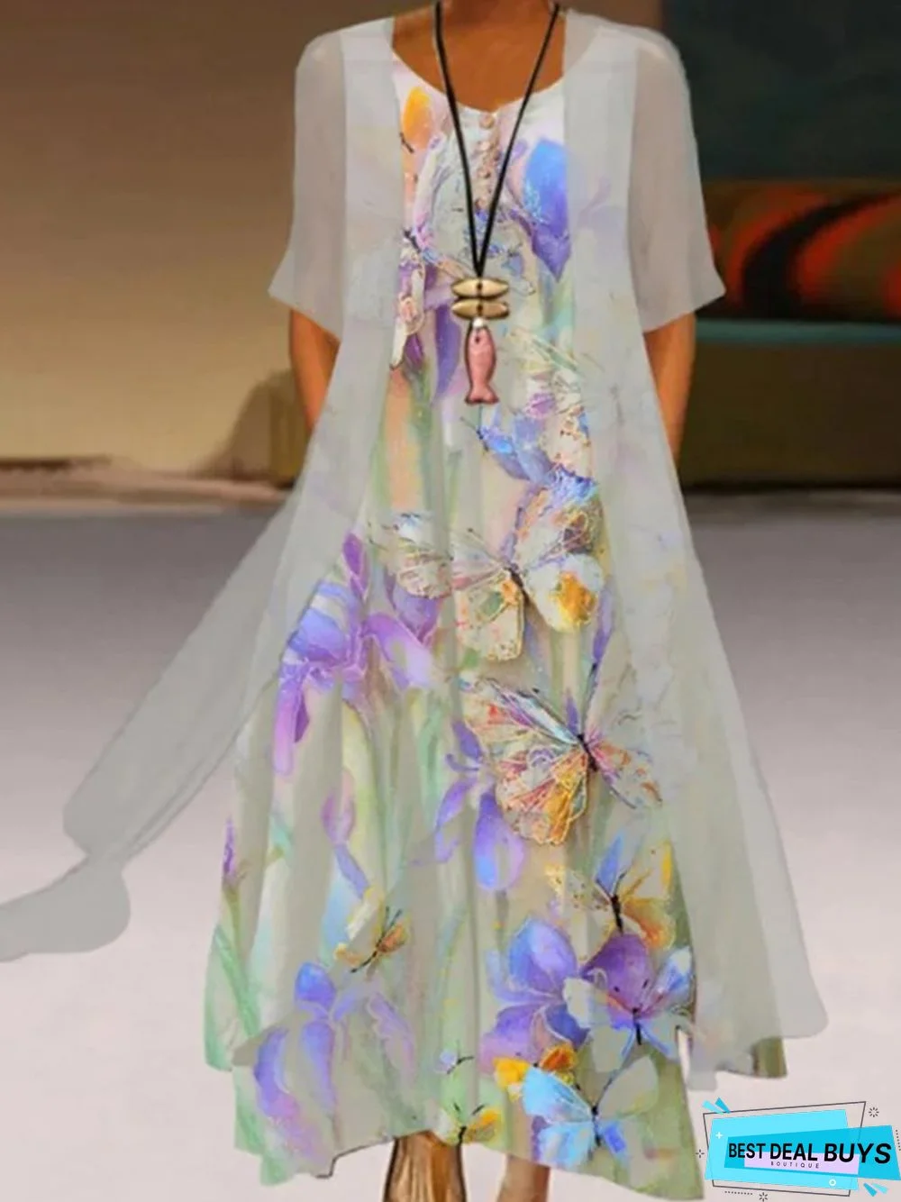 Butterfly Printed Casual Round Neck Dress With Coat Two Piece Set