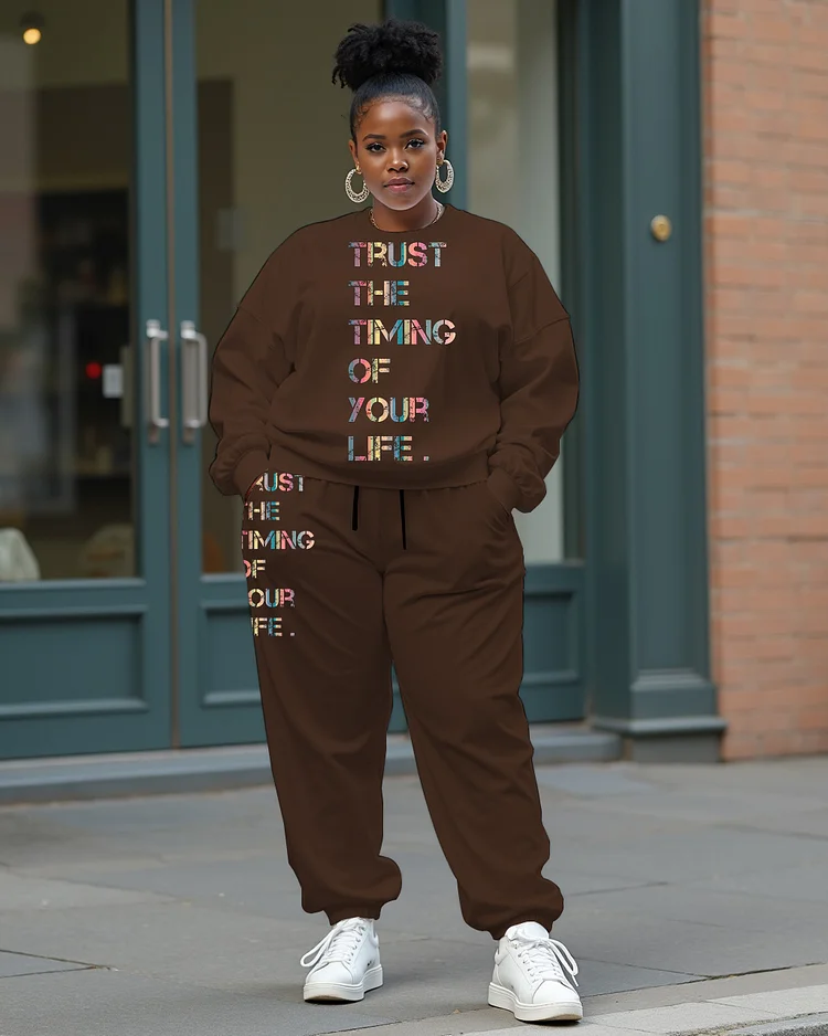 Women's Plus Size Letter Printing Long Sleeve Sweatshirt and  Casual Pants Set