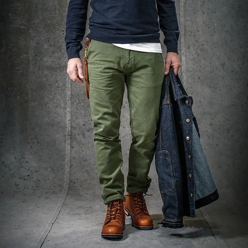 Vintage Classic Olive Straight Slim Fit Casual Pants