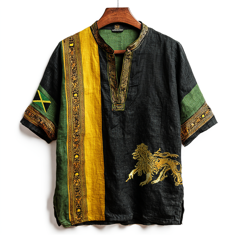 Men's Reggae Lion Embroidered Jamaica Colorblock Linen Shirt
