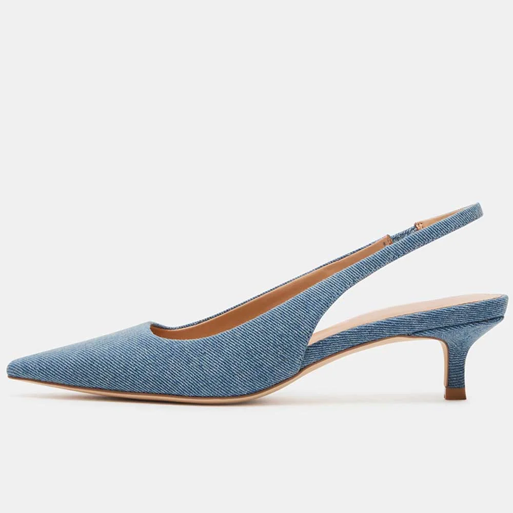 Blue Denim Pointed Toe Slingback Shoes Classic Kitten Heel Pumps Nicepairs