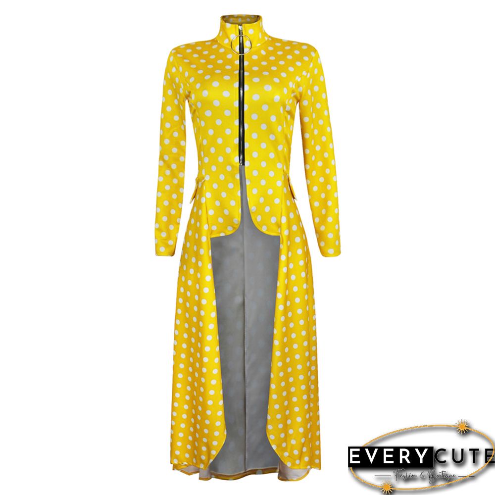 Yellow Polka Dot Front Zipper Casual Dress