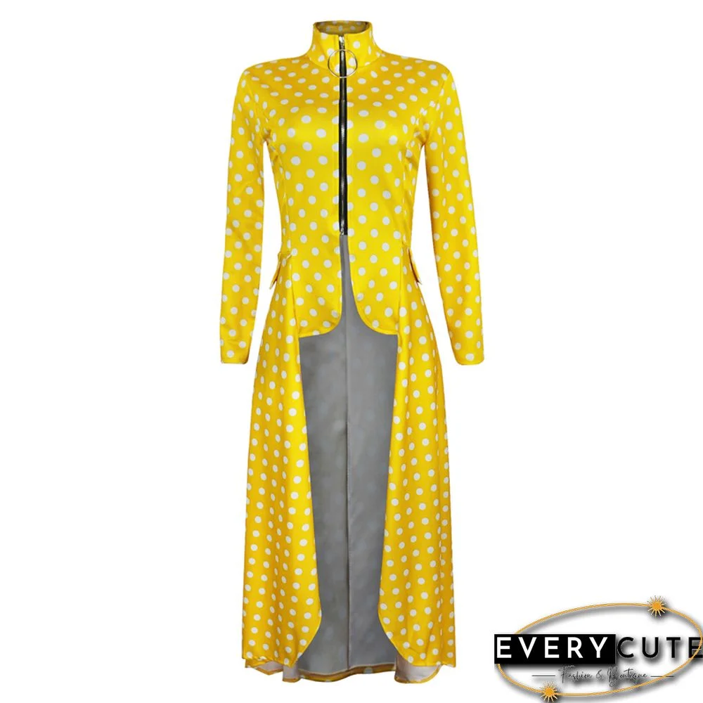 Yellow Polka Dot Front Zipper Casual Dress