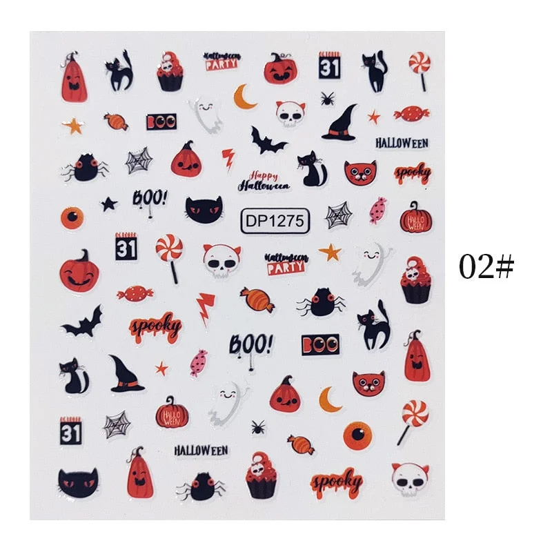 Halloween 3D Nail Stickers Skeleton Pumpkin Design Adhesive Nail Transfer Sliders Paper Autumn Winter DIY Nail Art Decoration