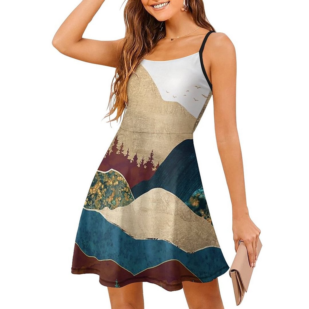 Sleeveless Adjustable Strappy Summer Beach Swing Dress Printed for Women