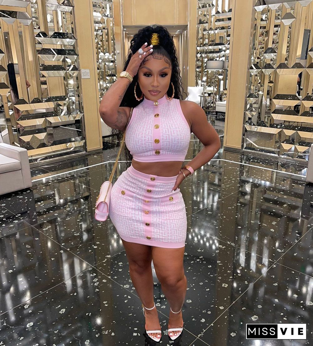 Geometric Knitted Vest Crop Tops Two Piece Skirt Sets