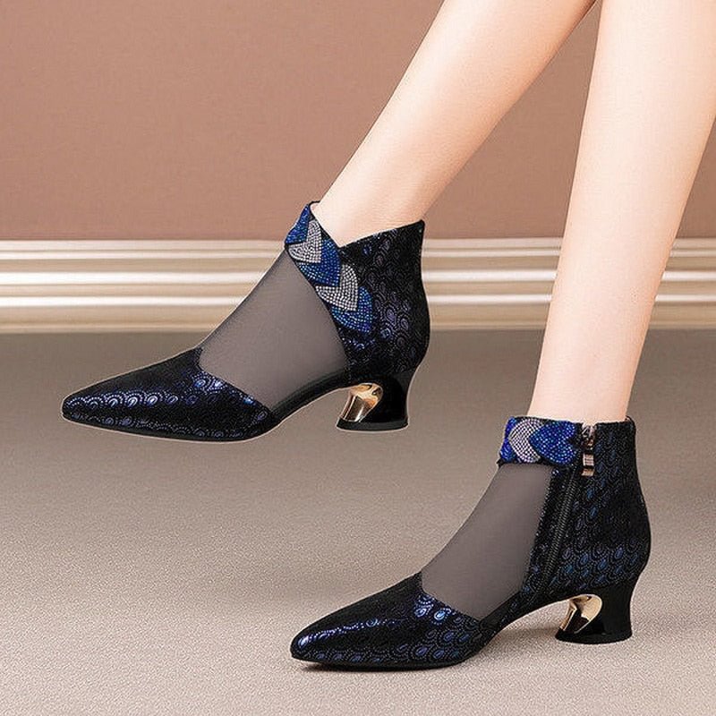 2021 NEW Pointed Toe Mesh Boots Woman,Summer Boots,Sexy Women's Rhinestone Shoes,Back Zip,Mid Heel for Female,Black,Blue