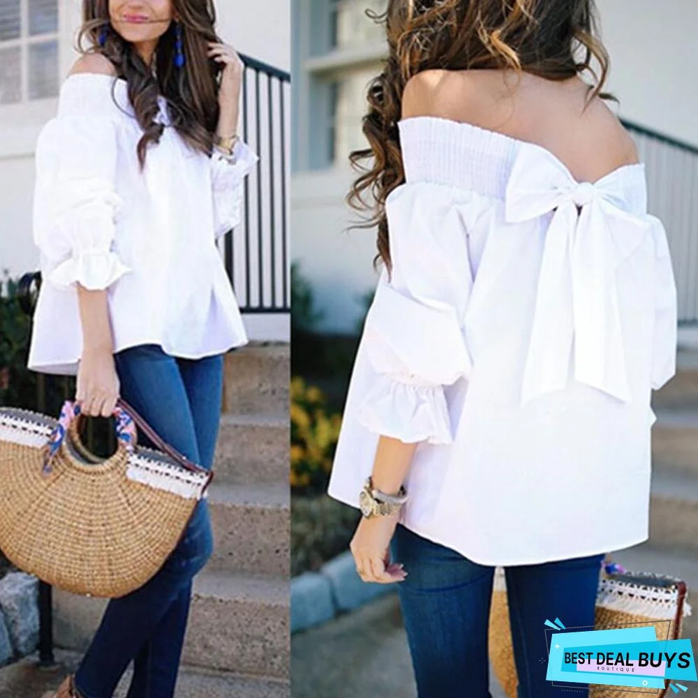 Women Sexy Off Shoulder Strapless Bowknot Slash Neck Shirts Casual Loose Plus Size Blouse Tops
