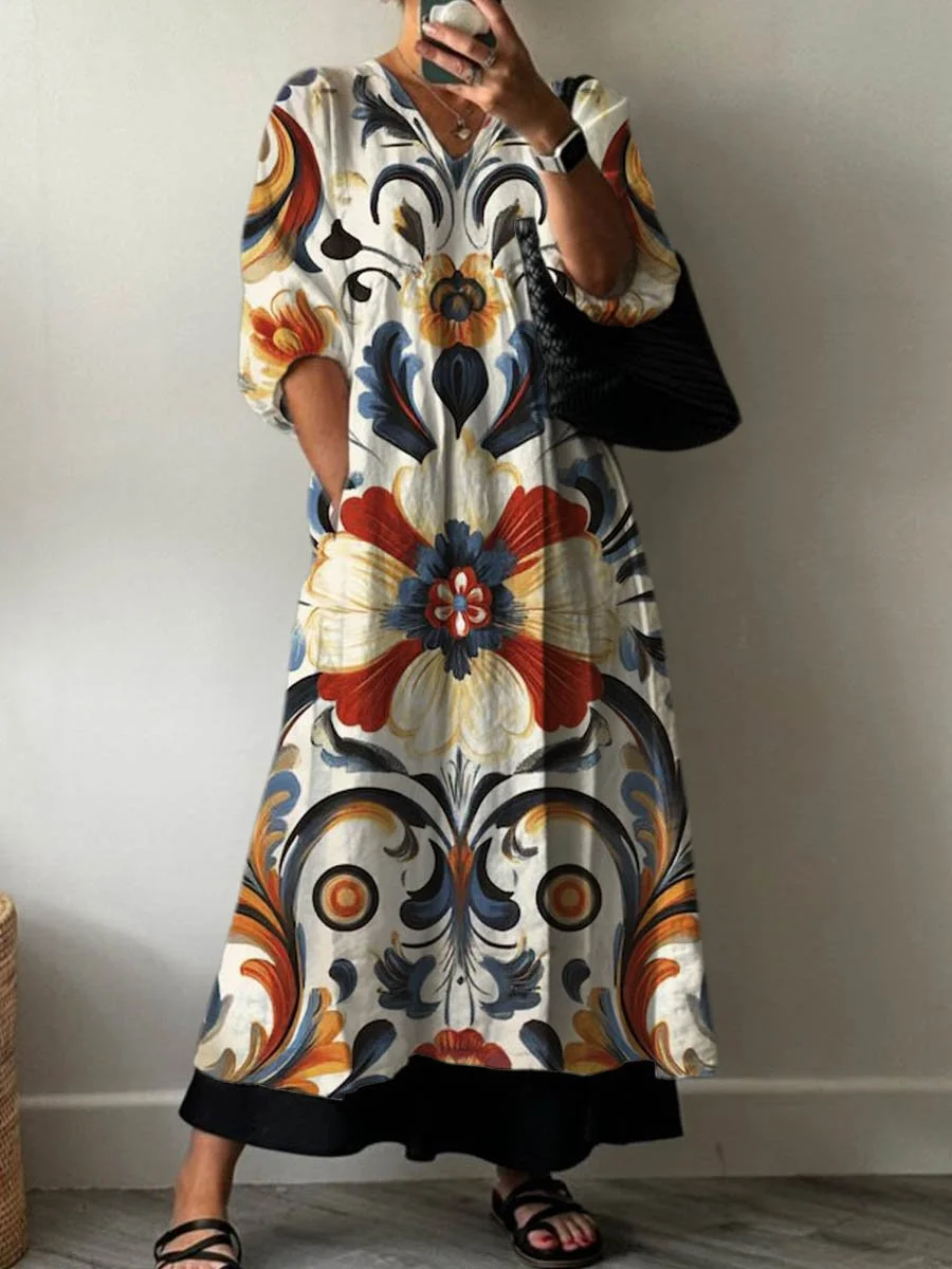 Women's Vintage Lovely Floral Art Print Pocket V-neck Cotton Dress
