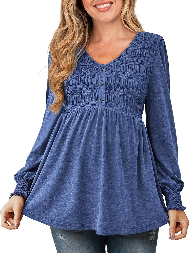 Women's Maternity V-Neck Long Sleeve Tunic Top, Casual Smocked Ruched Pregnancy Shirt, Blend Knit Fabric With Medium Stretch, Solid Color Pullover For All Seasons, Maternity Clothe