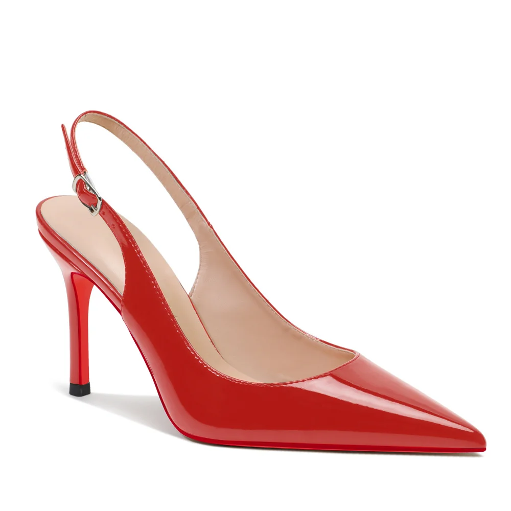 90mm Mid Heels for Women Slingback Pumps Sandals Pointed Toe Pumps Red Bottoms Shoes-MERUMOTE