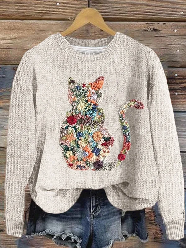 Women's Floral Cat Print Casual Sweatshirt