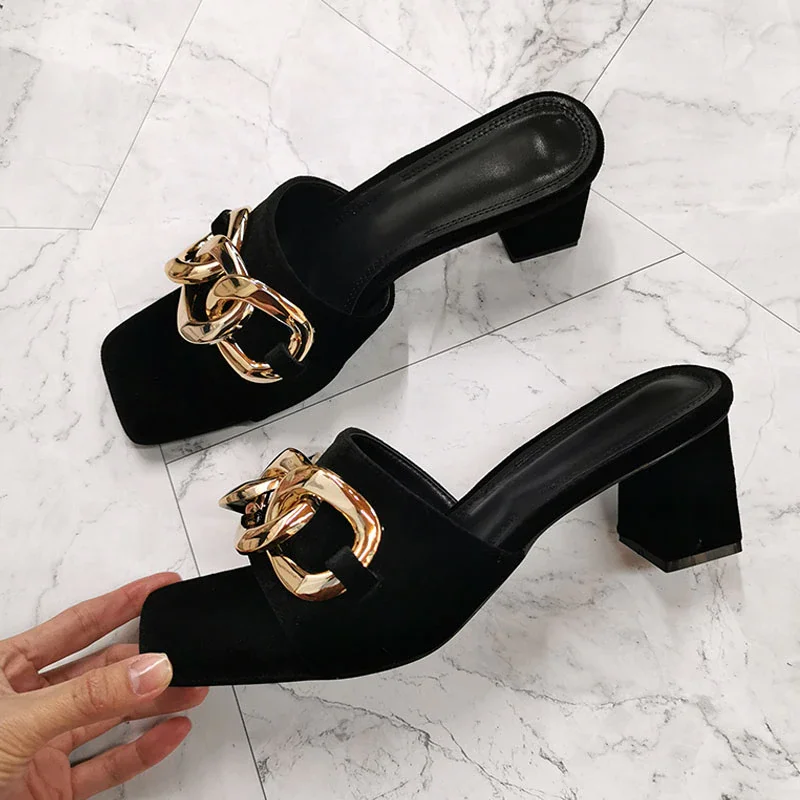 Qengg New Summer Sandals Women Black Flock Fashion Square High Heels Woman Sandals Velvet Open Toe Metal Decoration Shoes Lady