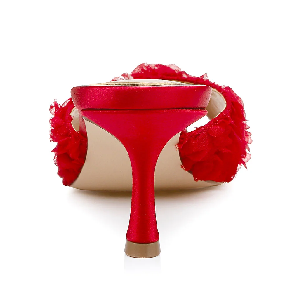 Elegant Red Peep Toe Stiletto Heel Ruffle Slip On Mules for Women