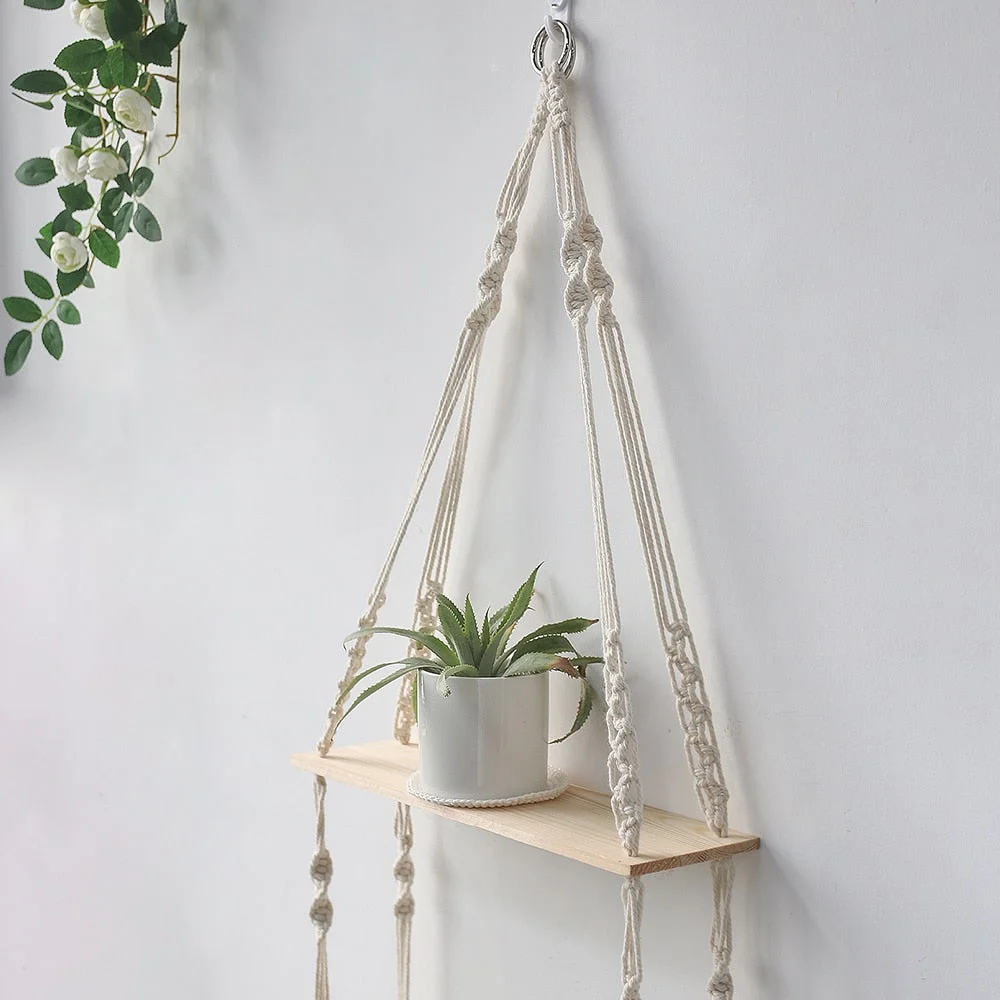 Hanging Shelves Wall Macrame Rope Wood, Swing Triangle Floating Shelf, Modern Boho Decor, Plant, Living Room, Bedroom