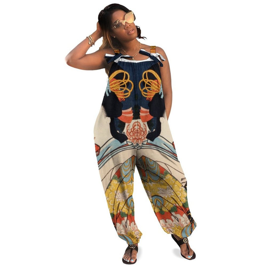 Trendy Japanese Vintage Art Geisha Asian Colorful Boho Vintage Loose Overall Corset Jumpsuit Without Top
