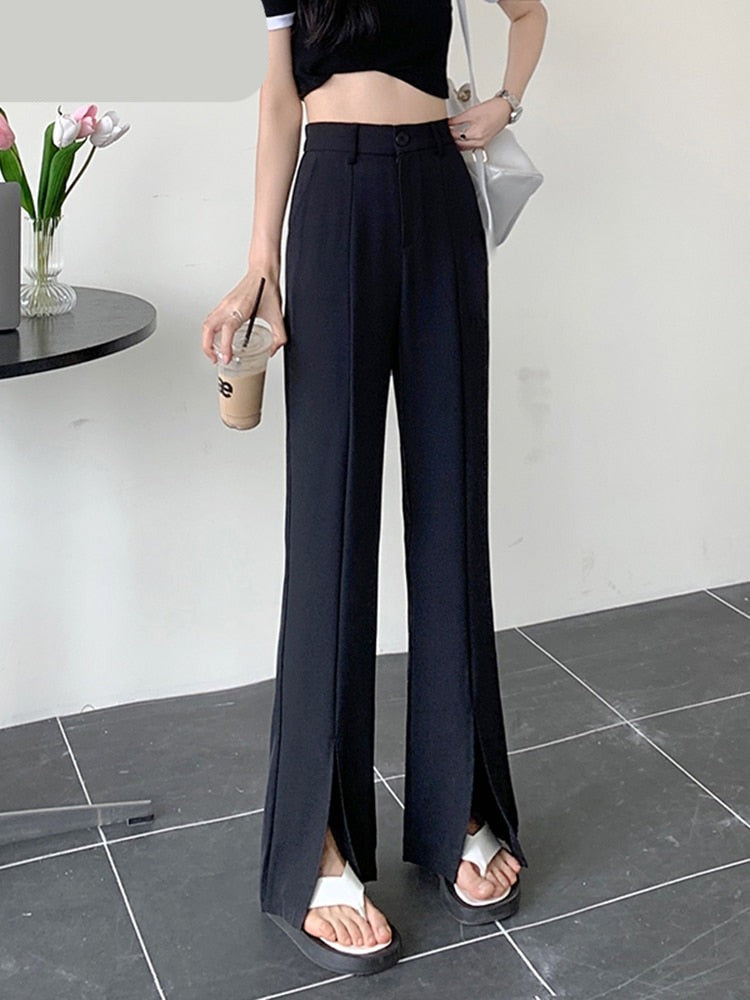 Korean Split Suit Wide Leg Pants Women Straight Loose Black White Green Pants Female High Waist Trousers S-4XL Size LANFUBEISI