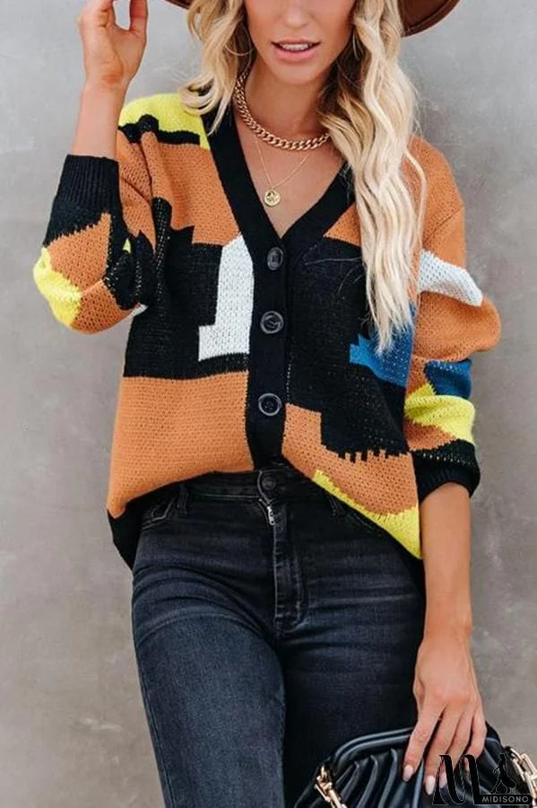 MidiSono - Colorful Puzzle Button Front Abstract Cardigan