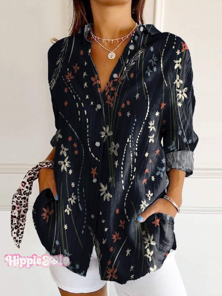 Women’s Folk Floral Art Print Casual Cotton Shirt Multicolor / S