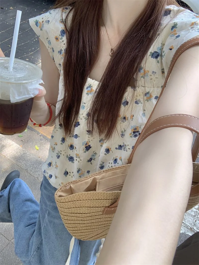 Uveng Uveng Summer New Sweet Square Tie Slings Women's Broken Flowers Campus Vest Inside And Outside Wearing Sleeveless Top Tide
