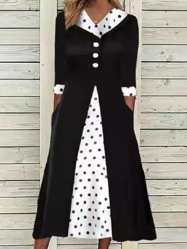 Women's 3/4 Sleeve V-neck Polka Dot Printed Midi Dress
