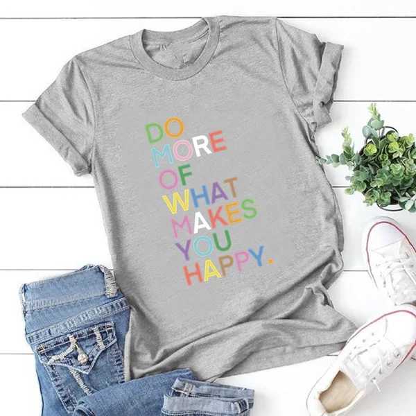 Womens Fun Happy Graphic Tees Summer Cute Letter Printed T-Shirts