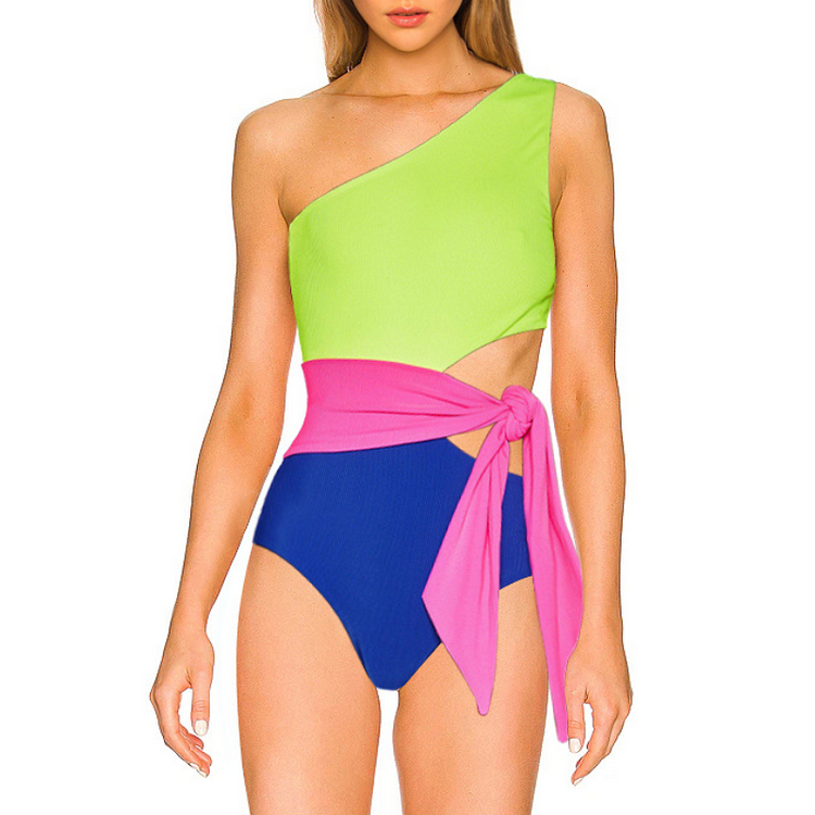 Flaxmaker One Shouder Color Block Pitted Fabric One Piece Swimsuit
