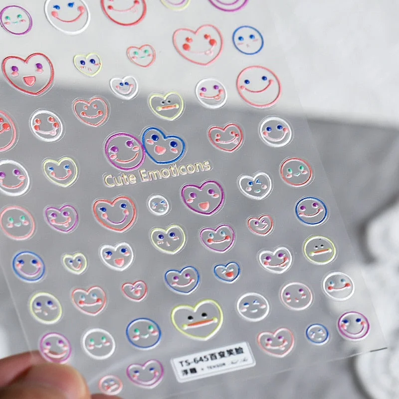 1 Sheet 5D High Quality Ultra-Thin Adhesive Smiley Nail Art Stickers Spring and Summer Cute Smile DIY Manicure Decal Decoration-Nail Inspo