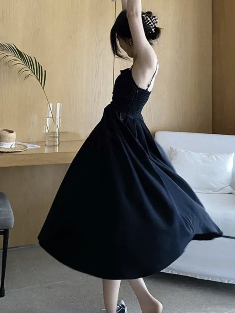 Llyge Summer Casual Spaghetti Strap Midi Dress Women Solid A-line Holiday Beach Style French Korean Fashion Slim High Waist Vestido llyge