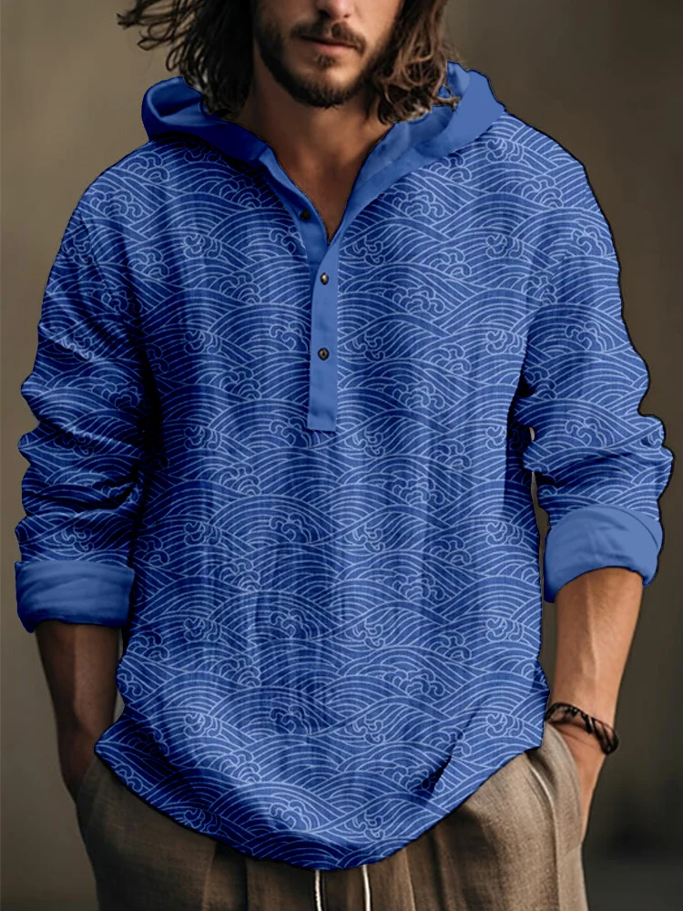 Vintage Japanese Waves Linen Blend Hooded Shirt