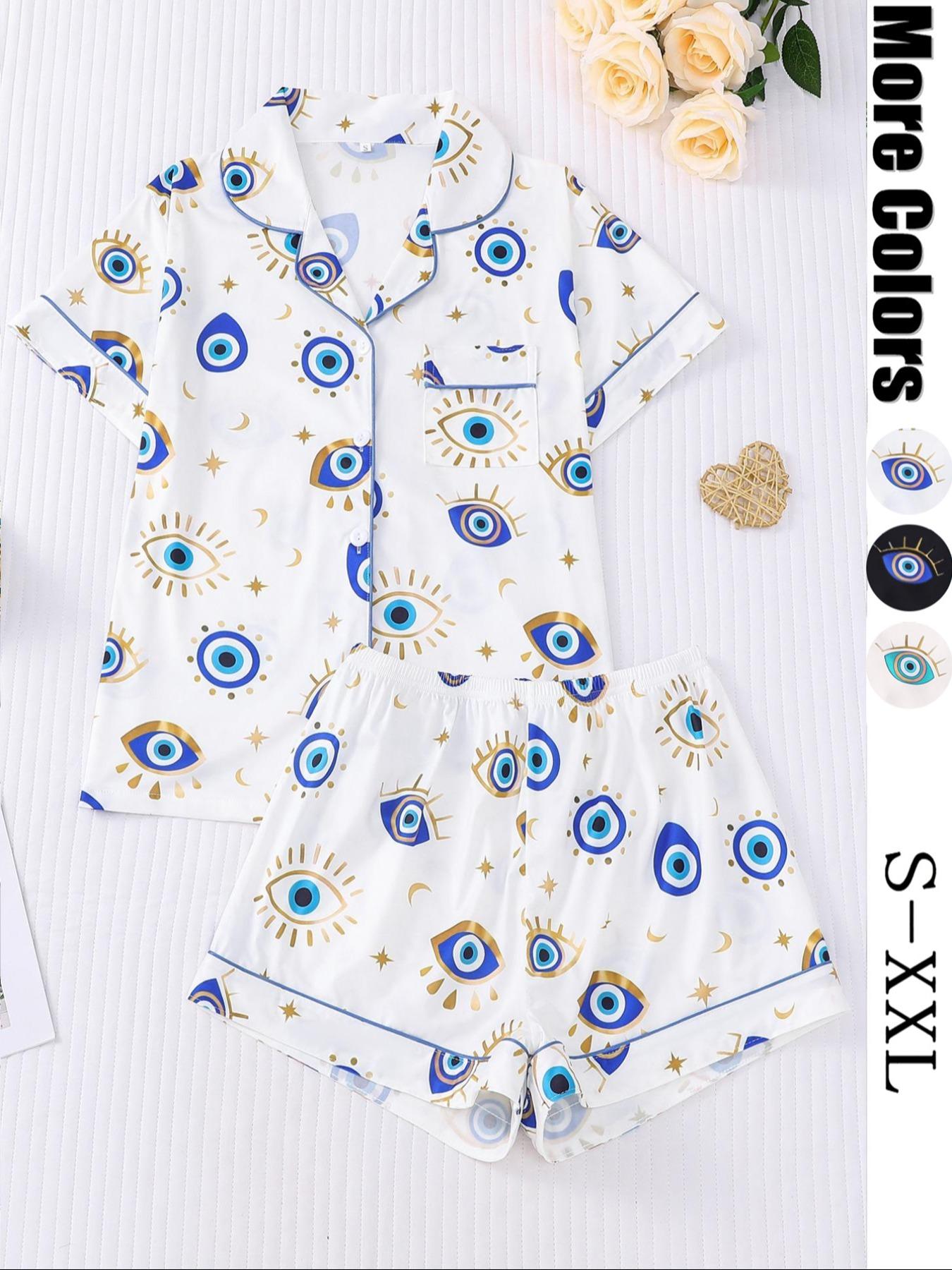 Women's All Over Cartoon Eye Print Short Sleeve Two-Piece Set, Comfy Button-Front Chest Pocket Lapel Neck Top & Elastic Waist Shorts PJ Set, Ladies Sleepwear for All Seasons, Pajamas, Loungewear