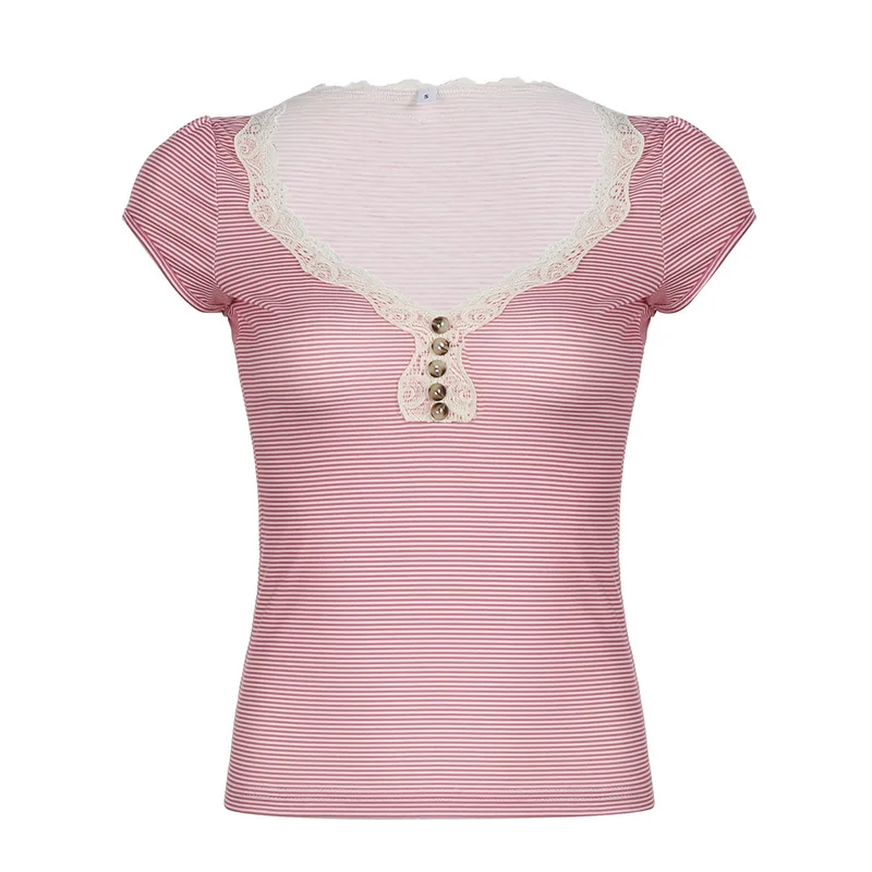Ueong Girl's Fine Striped Lace Buckle V-Collar Knitted T-Shirt Summer Dopamine Short-Sleeved Blouse