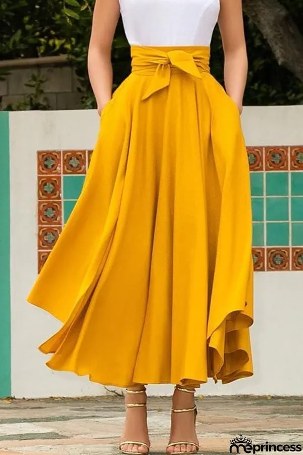 High Waist Pockets Bow Tie Skirts