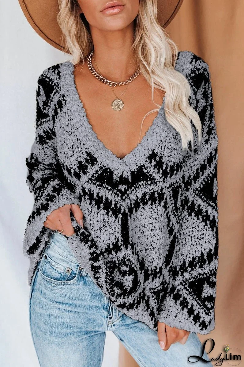 Oversized Geometric Print V Neck Sweater