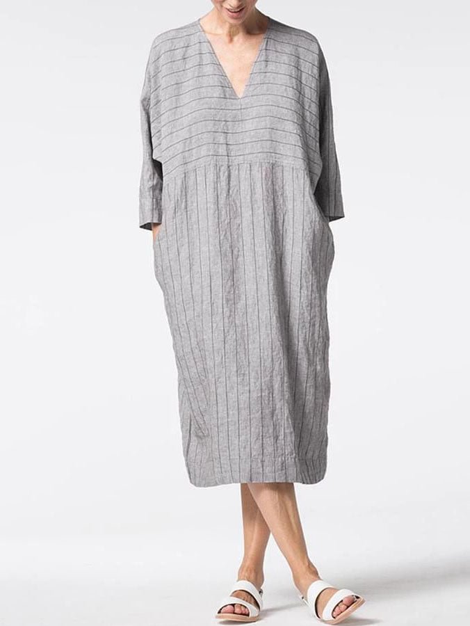 Short Sleeve V-Neck Panel Striped Panel Dress
