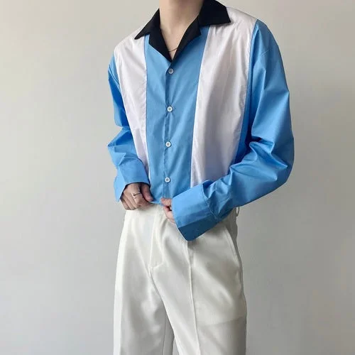 Dawfashion Techwear Streetwear-Spring New Contrast Design Polo Collar Long Sleeve Shirt-Streetfashion-Darkwear-Techwear