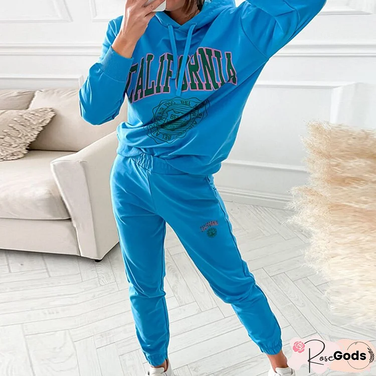 Women Casual Long Sleeve Sportwear Outfits Elegant Hooded Sweatshirts & Elastic Waist Pant Set Fashion Letter Print Loose 2Pc Suit