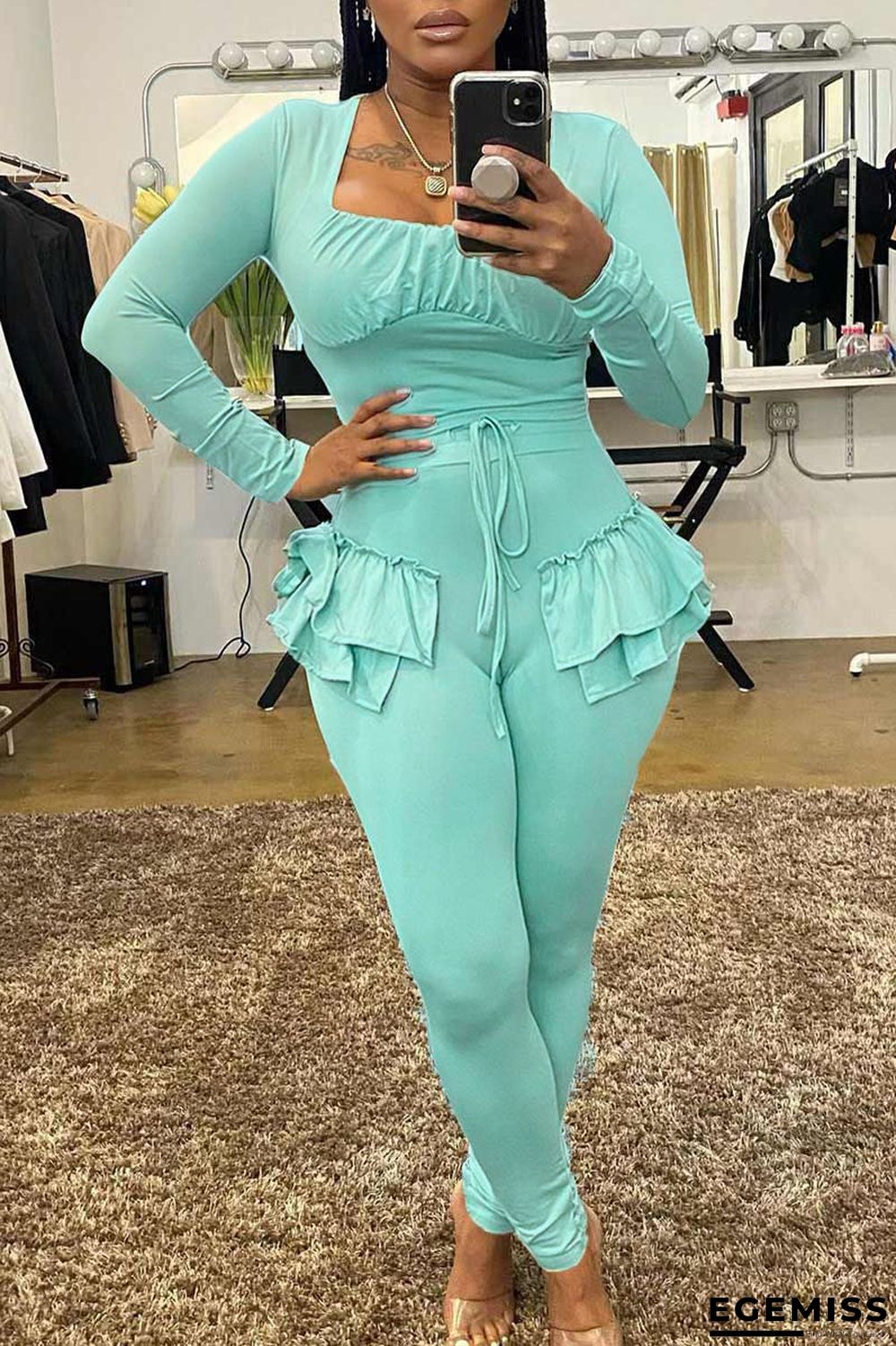 Green Casual Solid Bandage Patchwork Flounce Fold Square Collar Long Sleeve Two Pieces | EGEMISS