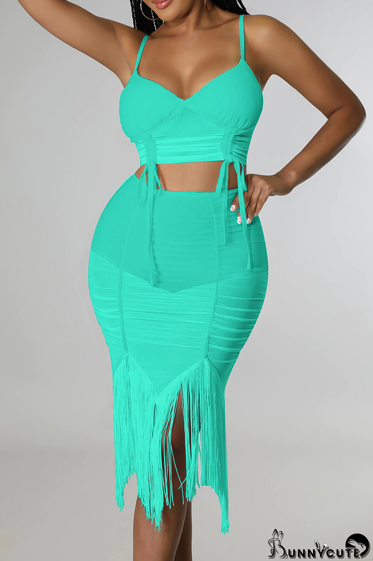 Green Sexy Solid Tassel Spaghetti Strap Sleeveless Two Pieces