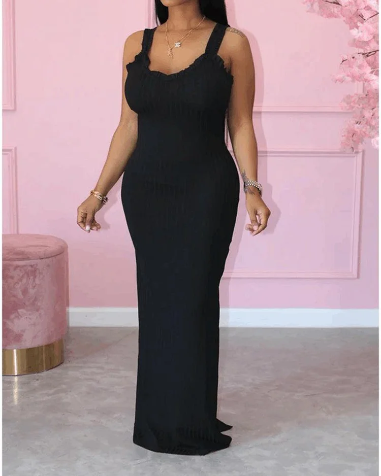 Pure Color High Elastic Sling Dress with Wooden Ears