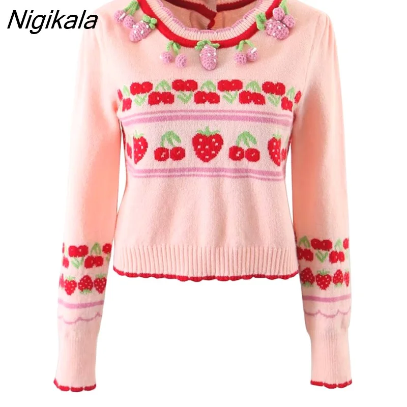 Nigikala New Fashion Women Sweet Pink Strawberry Cherry Thin Knit Sweater O Neck Long Sleeve Female Crop Pullover Autumn Tops